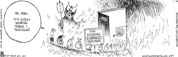 Comic of an unending economics seminar in hell